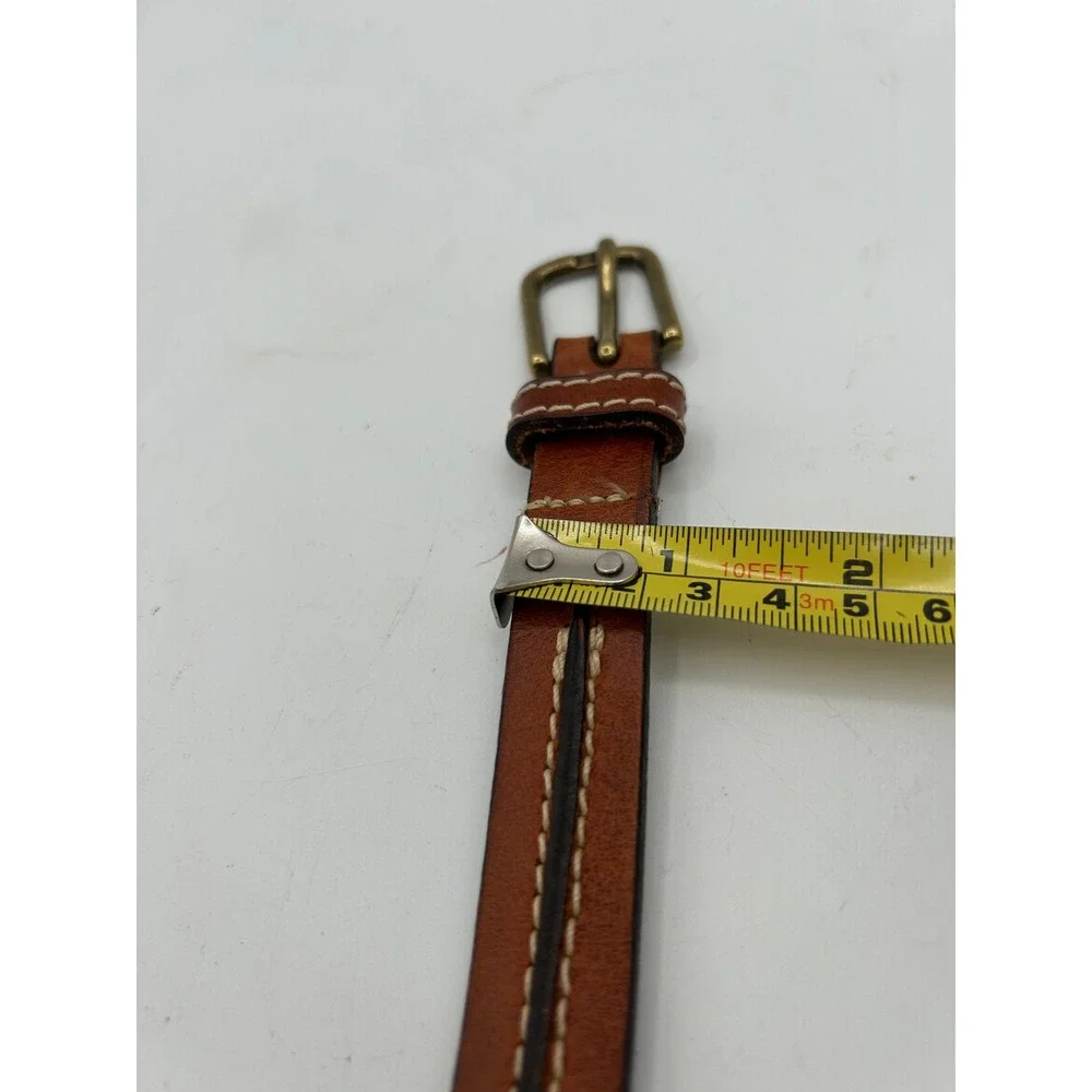 Lands End SKinny Leather Belt Women XL Cognac Brown Contrast Stitch Brass Buckle